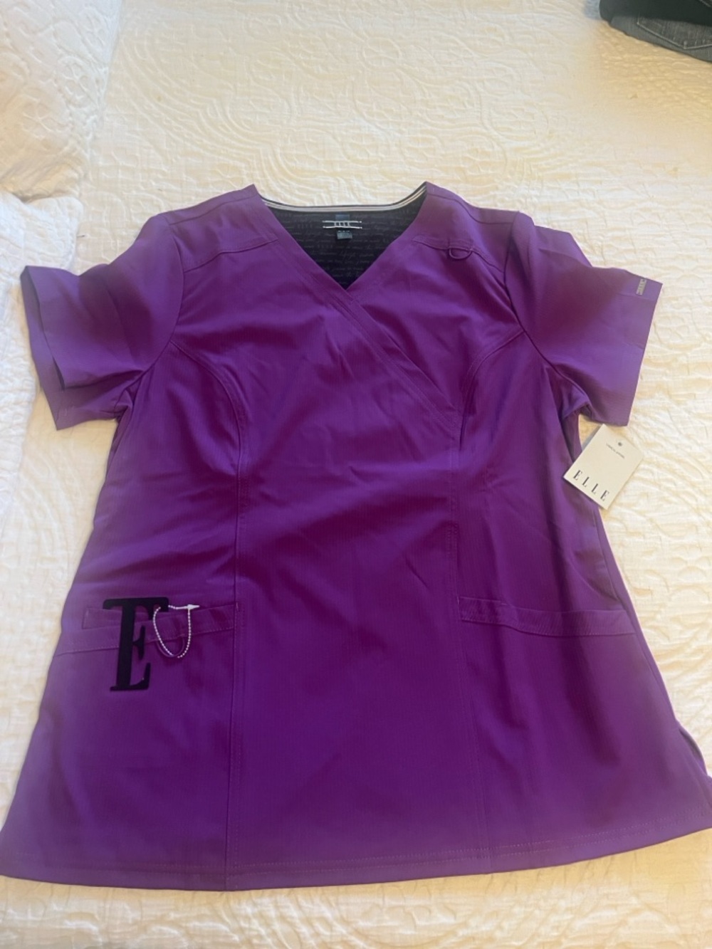 Elle Purple V-Neck Scrub Top with Script Lining
